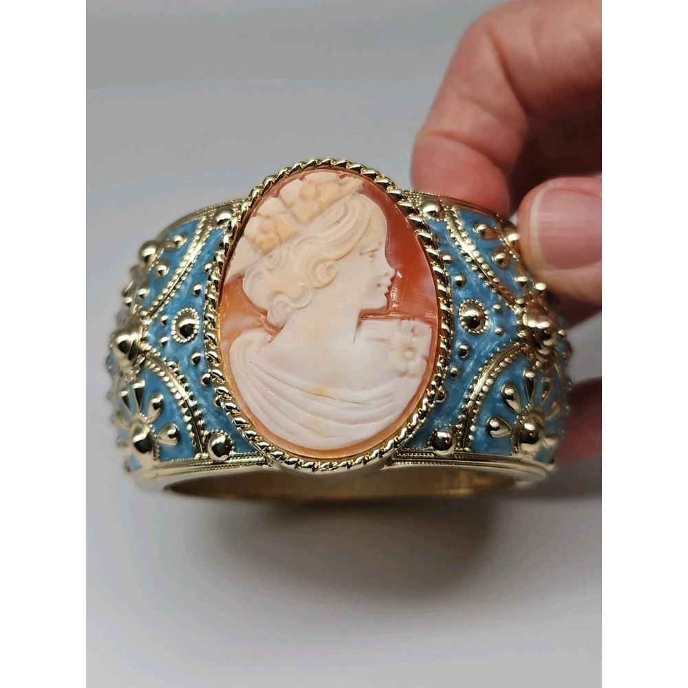 Amedeo NYC 40MM Cameo Goldtone & Blue Enamel Hinged Art Bracelet with box - Picture 7 of 11